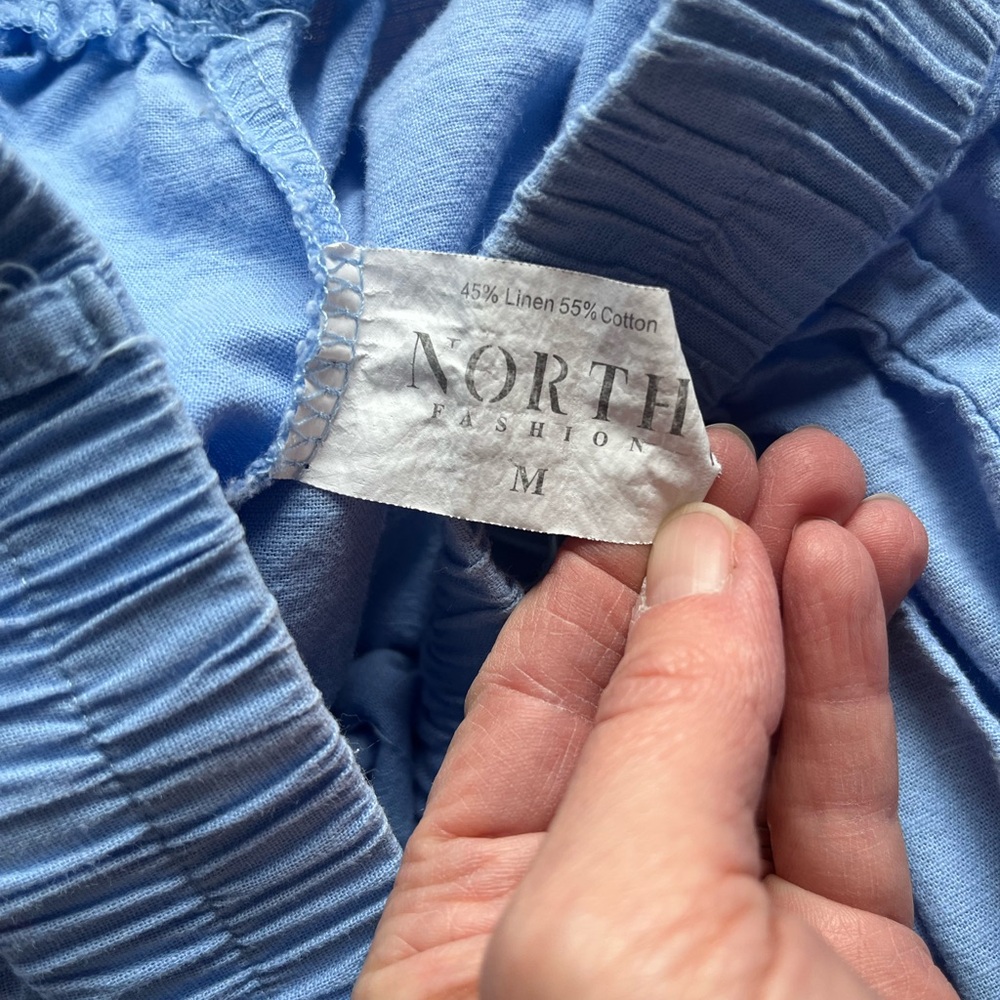 Vintage Linen Cotton Cornflower Blue High Rise Pants Top Blouse Shirt Set M - Picture 4 of 8